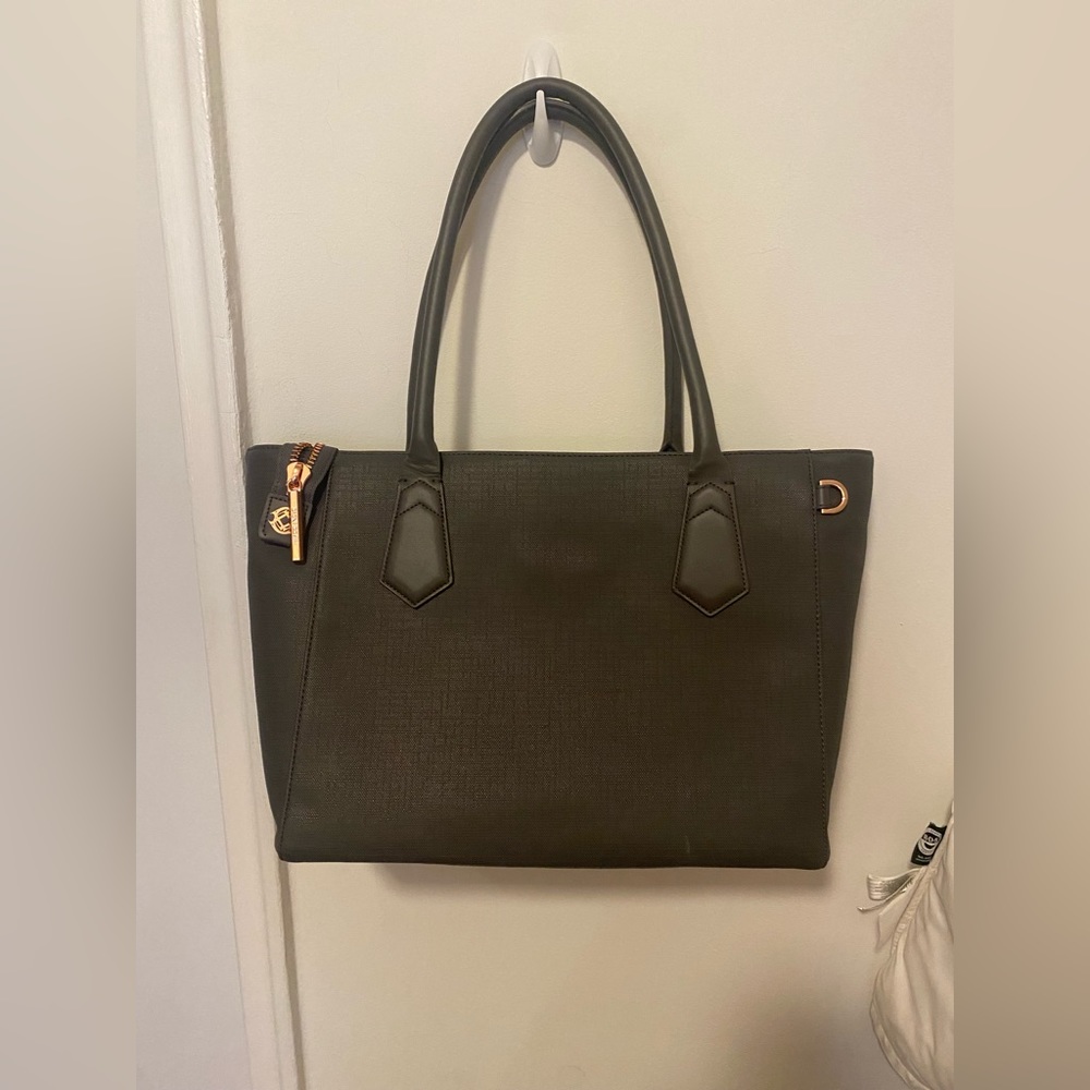 Dagne dover grey & rose gold leather work bag with cup holder and laptop sleeve